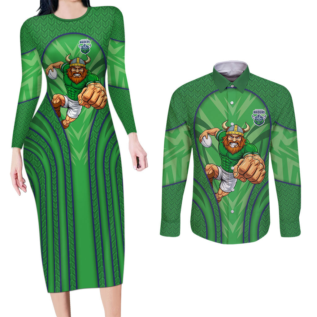 Canberra Raiders Rugby Mascot Couples Matching Long Sleeve Bodycon Dress and Long Sleeve Button Shirt Australian Rugby Culture - Tribal Inspired Viking Warrior