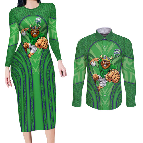 Canberra Raiders Rugby Mascot Couples Matching Long Sleeve Bodycon Dress and Long Sleeve Button Shirt Australian Rugby Culture - Tribal Inspired Viking Warrior