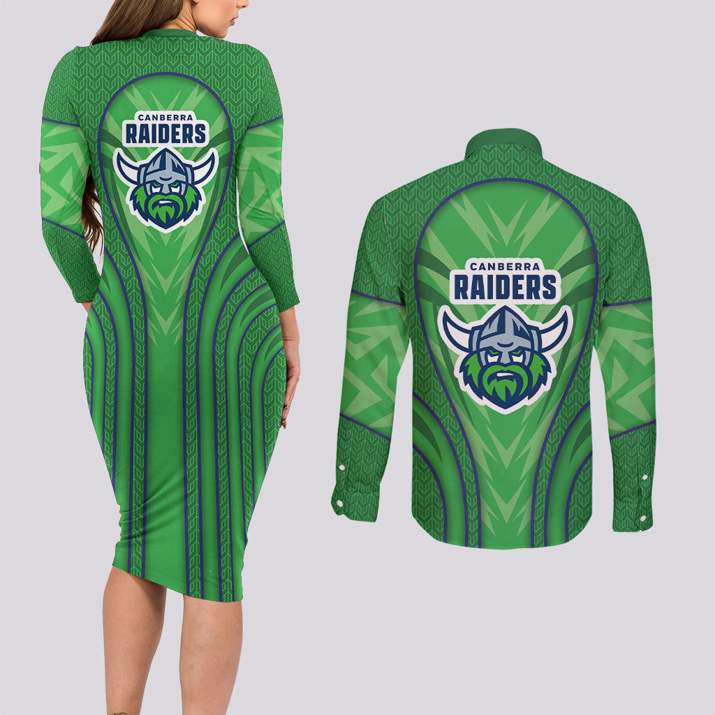 Canberra Raiders Rugby Mascot Couples Matching Long Sleeve Bodycon Dress and Long Sleeve Button Shirt Australian Rugby Culture - Tribal Inspired Viking Warrior