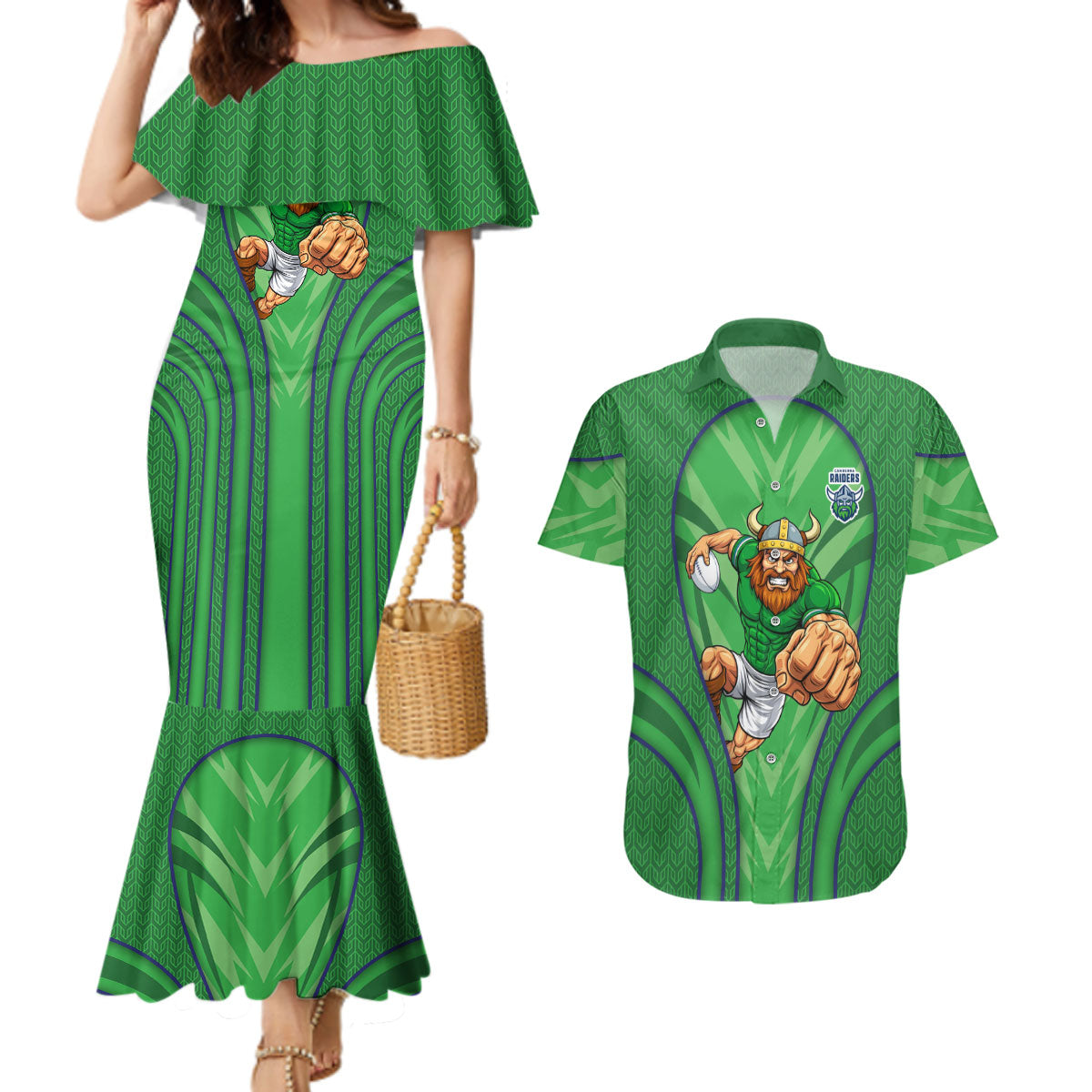 Canberra Raiders Rugby Mascot Couples Matching Mermaid Dress and Hawaiian Shirt Australian Rugby Culture - Tribal Inspired Viking Warrior