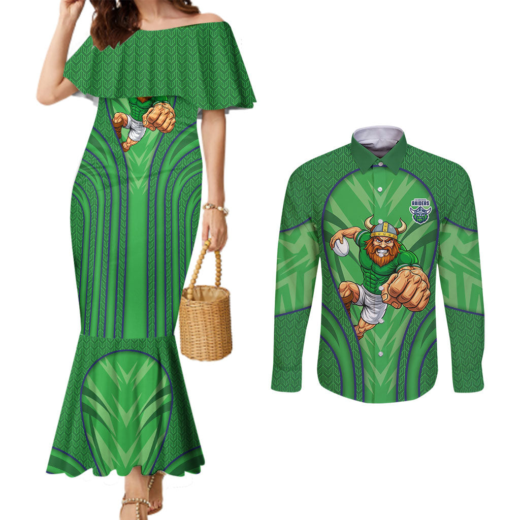 Canberra Raiders Rugby Mascot Couples Matching Mermaid Dress and Long Sleeve Button Shirt Australian Rugby Culture - Tribal Inspired Viking Warrior