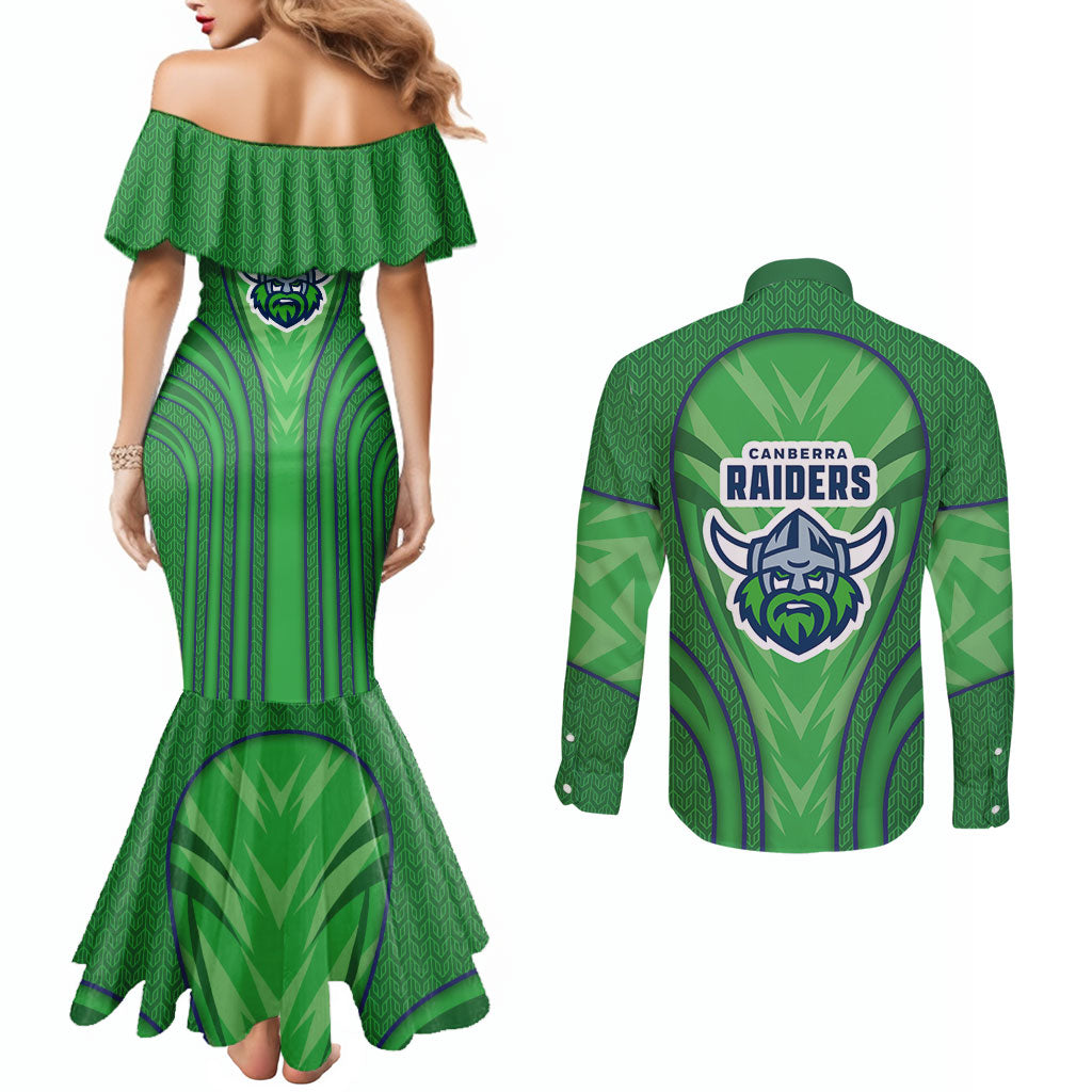 Canberra Raiders Rugby Mascot Couples Matching Mermaid Dress and Long Sleeve Button Shirt Australian Rugby Culture - Tribal Inspired Viking Warrior