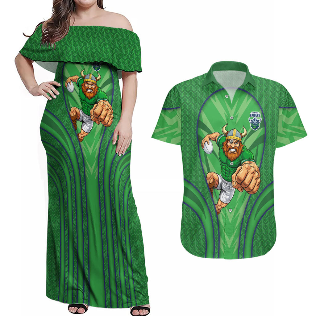 Canberra Raiders Rugby Mascot Couples Matching Off Shoulder Maxi Dress and Hawaiian Shirt Australian Rugby Culture - Tribal Inspired Viking Warrior