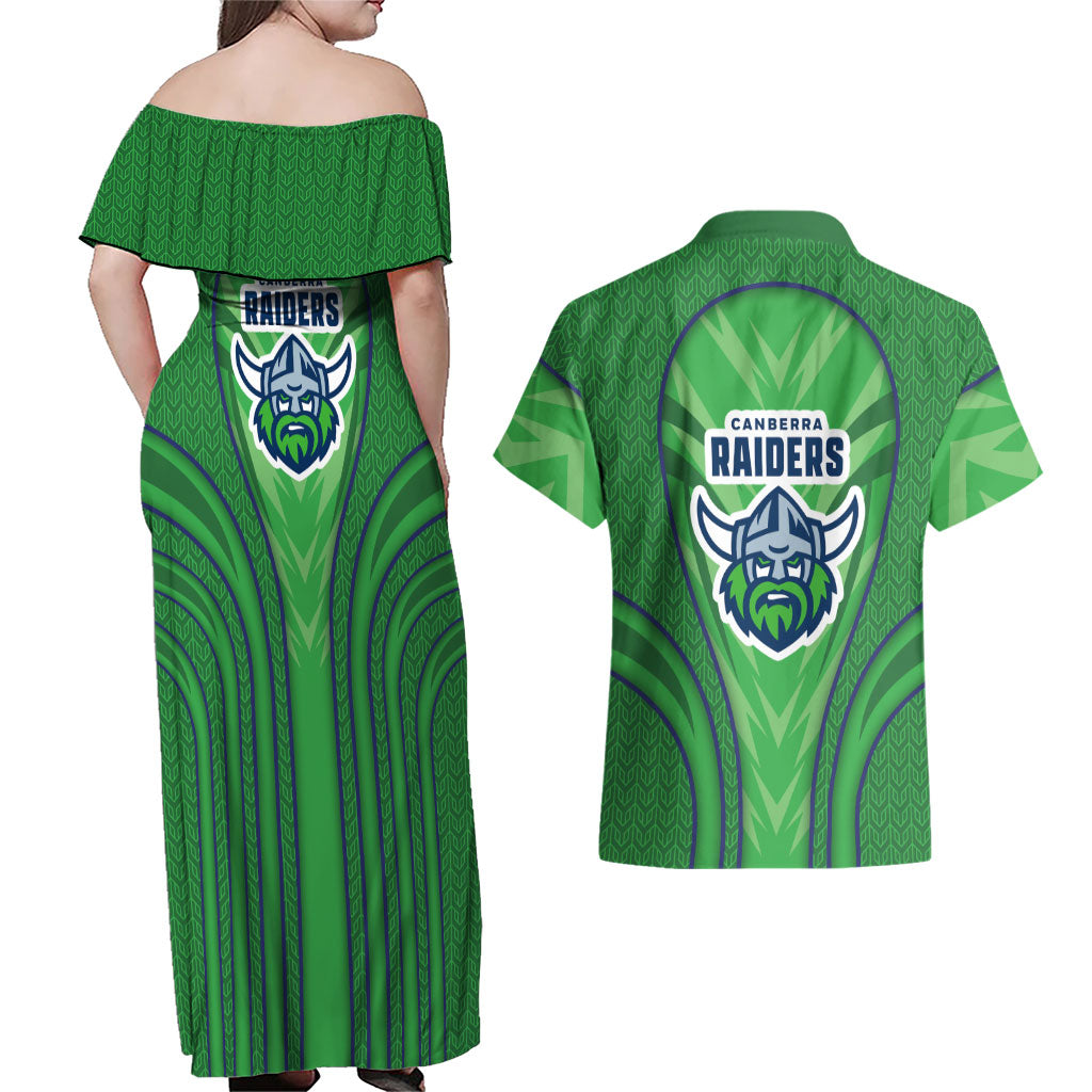 Canberra Raiders Rugby Mascot Couples Matching Off Shoulder Maxi Dress and Hawaiian Shirt Australian Rugby Culture - Tribal Inspired Viking Warrior