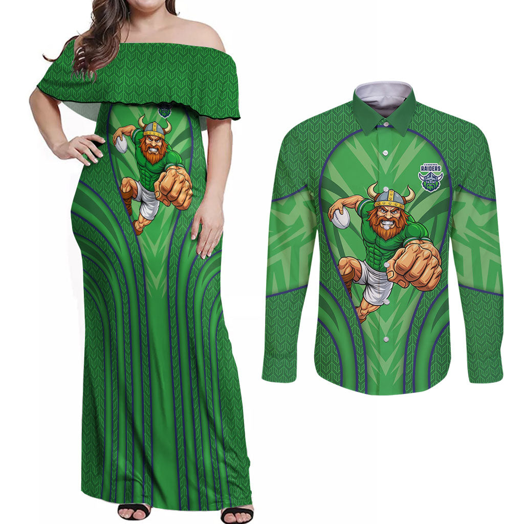 Canberra Raiders Rugby Mascot Couples Matching Off Shoulder Maxi Dress and Long Sleeve Button Shirt Australian Rugby Culture - Tribal Inspired Viking Warrior