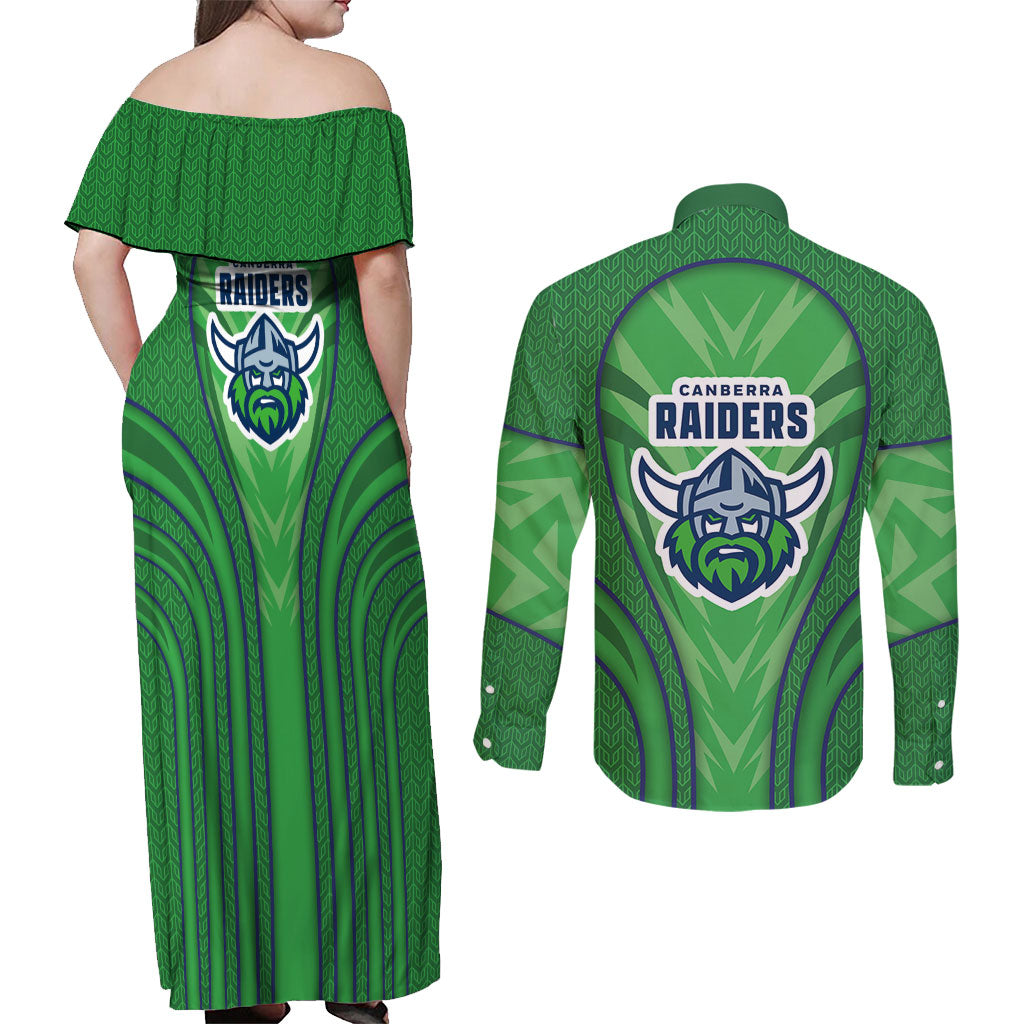 Canberra Raiders Rugby Mascot Couples Matching Off Shoulder Maxi Dress and Long Sleeve Button Shirt Australian Rugby Culture - Tribal Inspired Viking Warrior