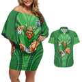 Canberra Raiders Rugby Mascot Couples Matching Off Shoulder Short Dress and Hawaiian Shirt Australian Rugby Culture - Tribal Inspired Viking Warrior