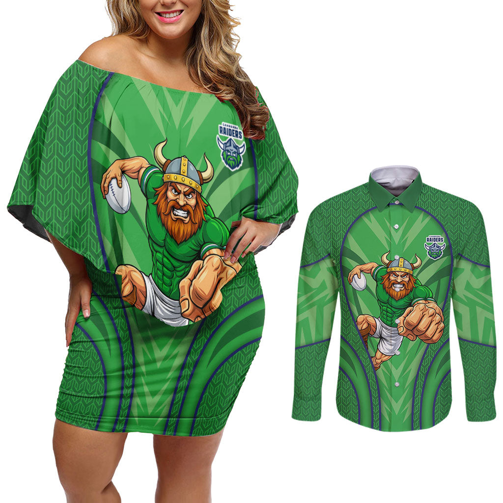 Canberra Raiders Rugby Mascot Couples Matching Off Shoulder Short Dress and Long Sleeve Button Shirt Australian Rugby Culture - Tribal Inspired Viking Warrior