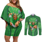 Canberra Raiders Rugby Mascot Couples Matching Off Shoulder Short Dress and Long Sleeve Button Shirt Australian Rugby Culture - Tribal Inspired Viking Warrior