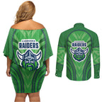 Canberra Raiders Rugby Mascot Couples Matching Off Shoulder Short Dress and Long Sleeve Button Shirt Australian Rugby Culture - Tribal Inspired Viking Warrior