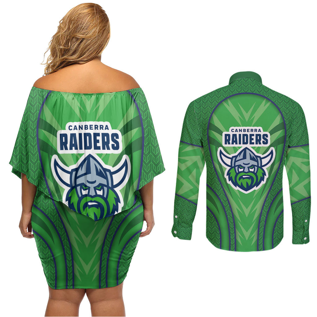 Canberra Raiders Rugby Mascot Couples Matching Off Shoulder Short Dress and Long Sleeve Button Shirt Australian Rugby Culture - Tribal Inspired Viking Warrior