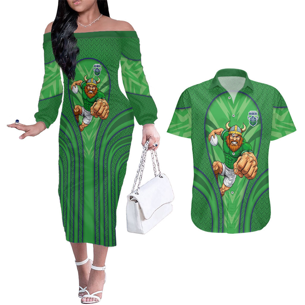 Canberra Raiders Rugby Mascot Couples Matching Off The Shoulder Long Sleeve Dress and Hawaiian Shirt Australian Rugby Culture - Tribal Inspired Viking Warrior