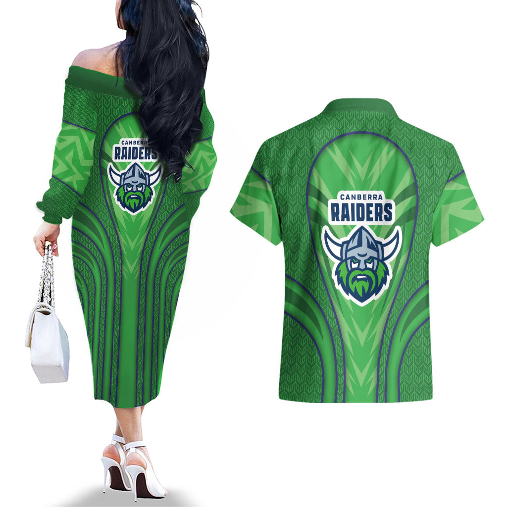 Canberra Raiders Rugby Mascot Couples Matching Off The Shoulder Long Sleeve Dress and Hawaiian Shirt Australian Rugby Culture - Tribal Inspired Viking Warrior