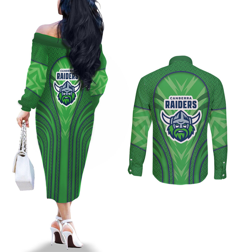 Canberra Raiders Rugby Mascot Couples Matching Off The Shoulder Long Sleeve Dress and Long Sleeve Button Shirt Australian Rugby Culture - Tribal Inspired Viking Warrior