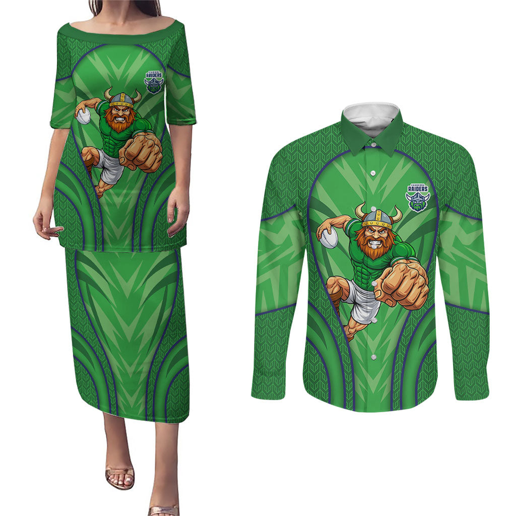 Canberra Raiders Rugby Mascot Couples Matching Puletasi and Long Sleeve Button Shirt Australian Rugby Culture - Tribal Inspired Viking Warrior