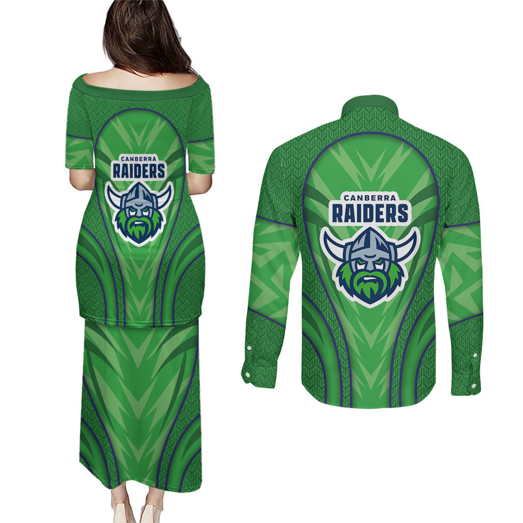 Canberra Raiders Rugby Mascot Couples Matching Puletasi and Long Sleeve Button Shirt Australian Rugby Culture - Tribal Inspired Viking Warrior