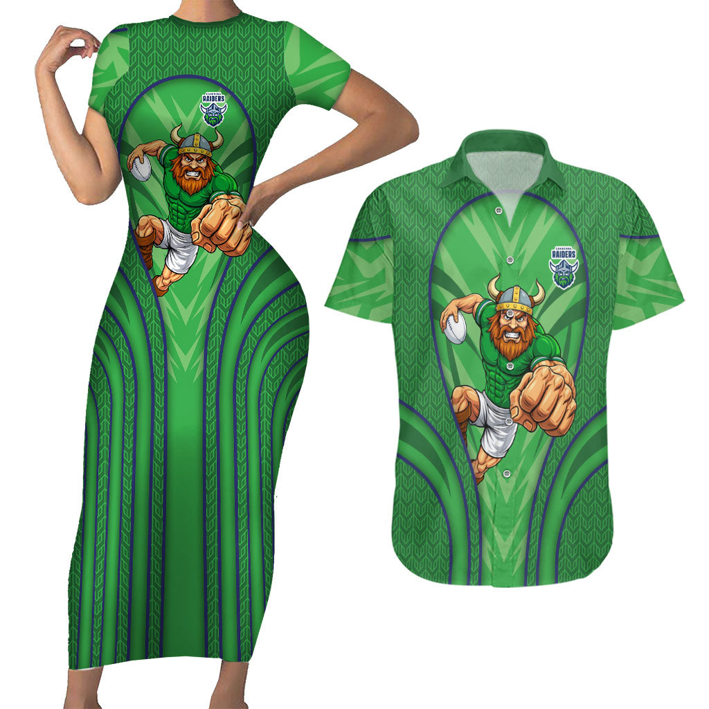 Canberra Raiders Rugby Mascot Couples Matching Short Sleeve Bodycon Dress and Hawaiian Shirt Australian Rugby Culture - Tribal Inspired Viking Warrior