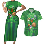 Canberra Raiders Rugby Mascot Couples Matching Short Sleeve Bodycon Dress and Hawaiian Shirt Australian Rugby Culture - Tribal Inspired Viking Warrior