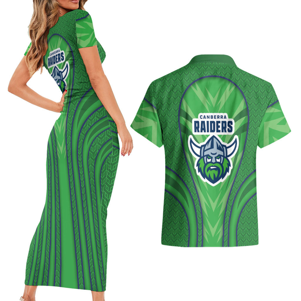 Canberra Raiders Rugby Mascot Couples Matching Short Sleeve Bodycon Dress and Hawaiian Shirt Australian Rugby Culture - Tribal Inspired Viking Warrior