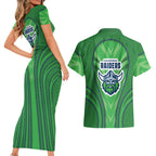 Canberra Raiders Rugby Mascot Couples Matching Short Sleeve Bodycon Dress and Hawaiian Shirt Australian Rugby Culture - Tribal Inspired Viking Warrior