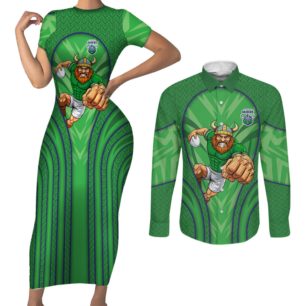 Canberra Raiders Rugby Mascot Couples Matching Short Sleeve Bodycon Dress and Long Sleeve Button Shirt Australian Rugby Culture - Tribal Inspired Viking Warrior