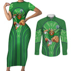 Canberra Raiders Rugby Mascot Couples Matching Short Sleeve Bodycon Dress and Long Sleeve Button Shirt Australian Rugby Culture - Tribal Inspired Viking Warrior
