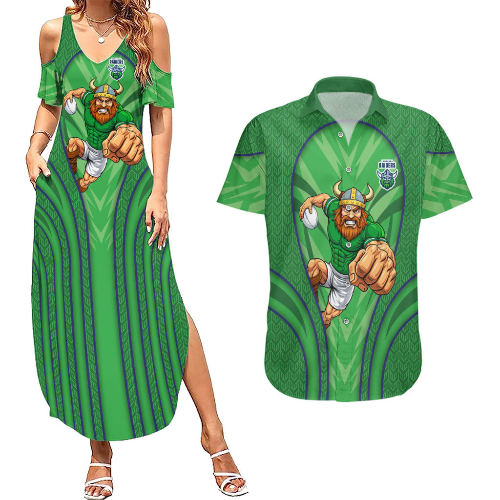 Canberra Raiders Rugby Mascot Couples Matching Summer Maxi Dress and Hawaiian Shirt Australian Rugby Culture - Tribal Inspired Viking Warrior