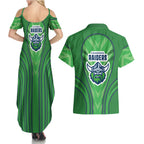 Canberra Raiders Rugby Mascot Couples Matching Summer Maxi Dress and Hawaiian Shirt Australian Rugby Culture - Tribal Inspired Viking Warrior