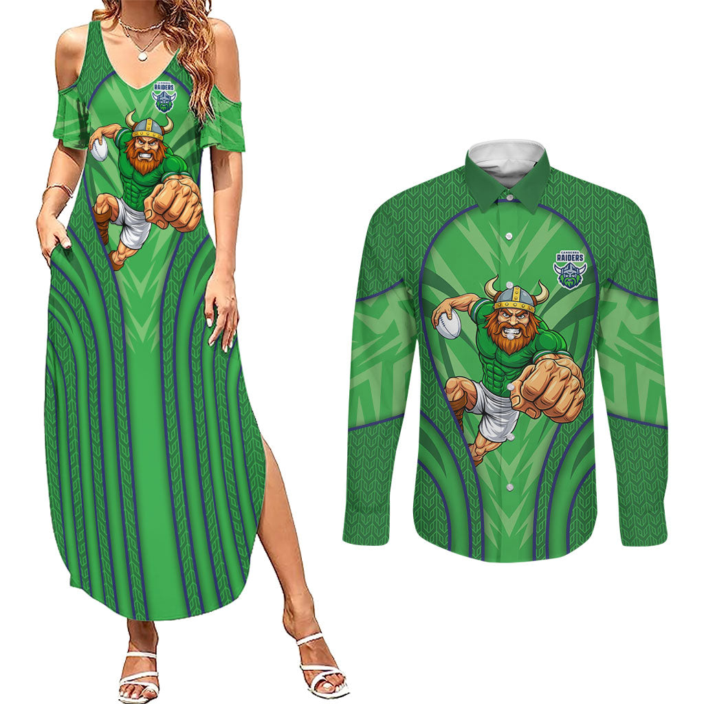Canberra Raiders Rugby Mascot Couples Matching Summer Maxi Dress and Long Sleeve Button Shirt Australian Rugby Culture - Tribal Inspired Viking Warrior
