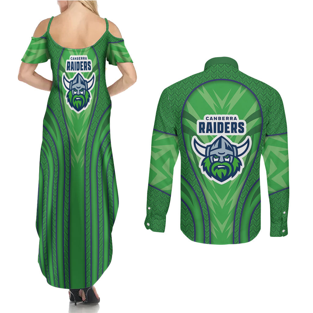 Canberra Raiders Rugby Mascot Couples Matching Summer Maxi Dress and Long Sleeve Button Shirt Australian Rugby Culture - Tribal Inspired Viking Warrior