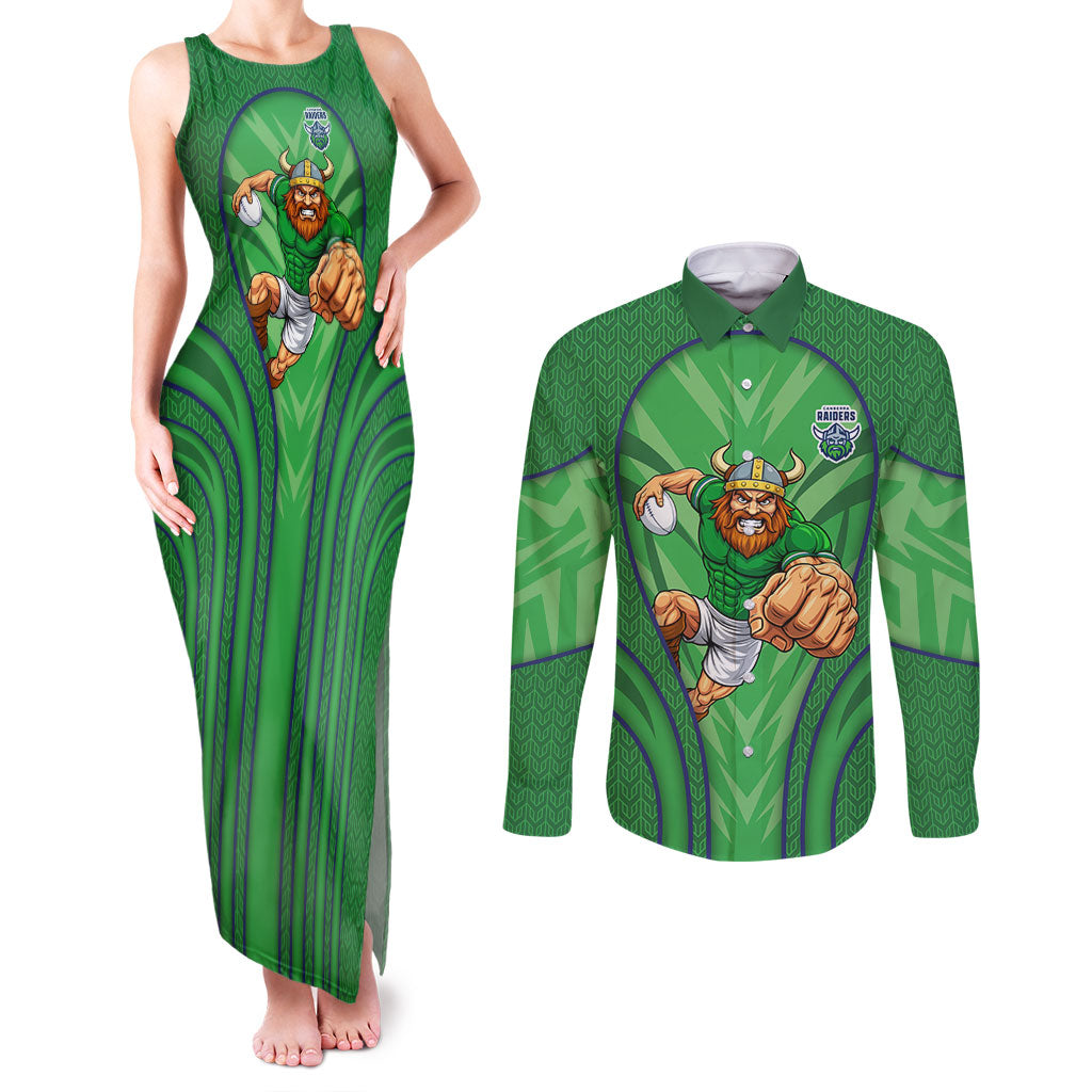 Canberra Raiders Rugby Mascot Couples Matching Tank Maxi Dress and Long Sleeve Button Shirt Australian Rugby Culture - Tribal Inspired Viking Warrior