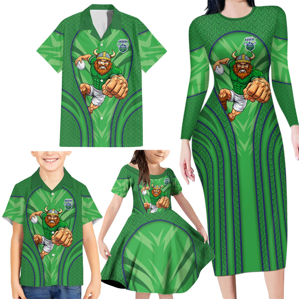 Canberra Raiders Rugby Mascot Family Matching Long Sleeve Bodycon Dress and Hawaiian Shirt Australian Rugby Culture - Tribal Inspired Viking Warrior