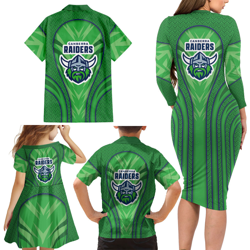Canberra Raiders Rugby Mascot Family Matching Long Sleeve Bodycon Dress and Hawaiian Shirt Australian Rugby Culture - Tribal Inspired Viking Warrior