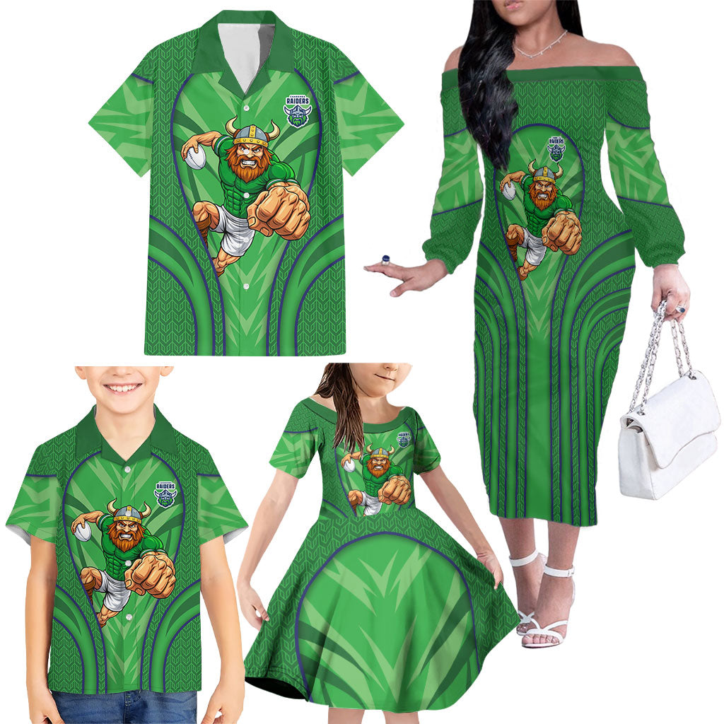 Canberra Raiders Rugby Mascot Family Matching Off The Shoulder Long Sleeve Dress and Hawaiian Shirt Australian Rugby Culture - Tribal Inspired Viking Warrior
