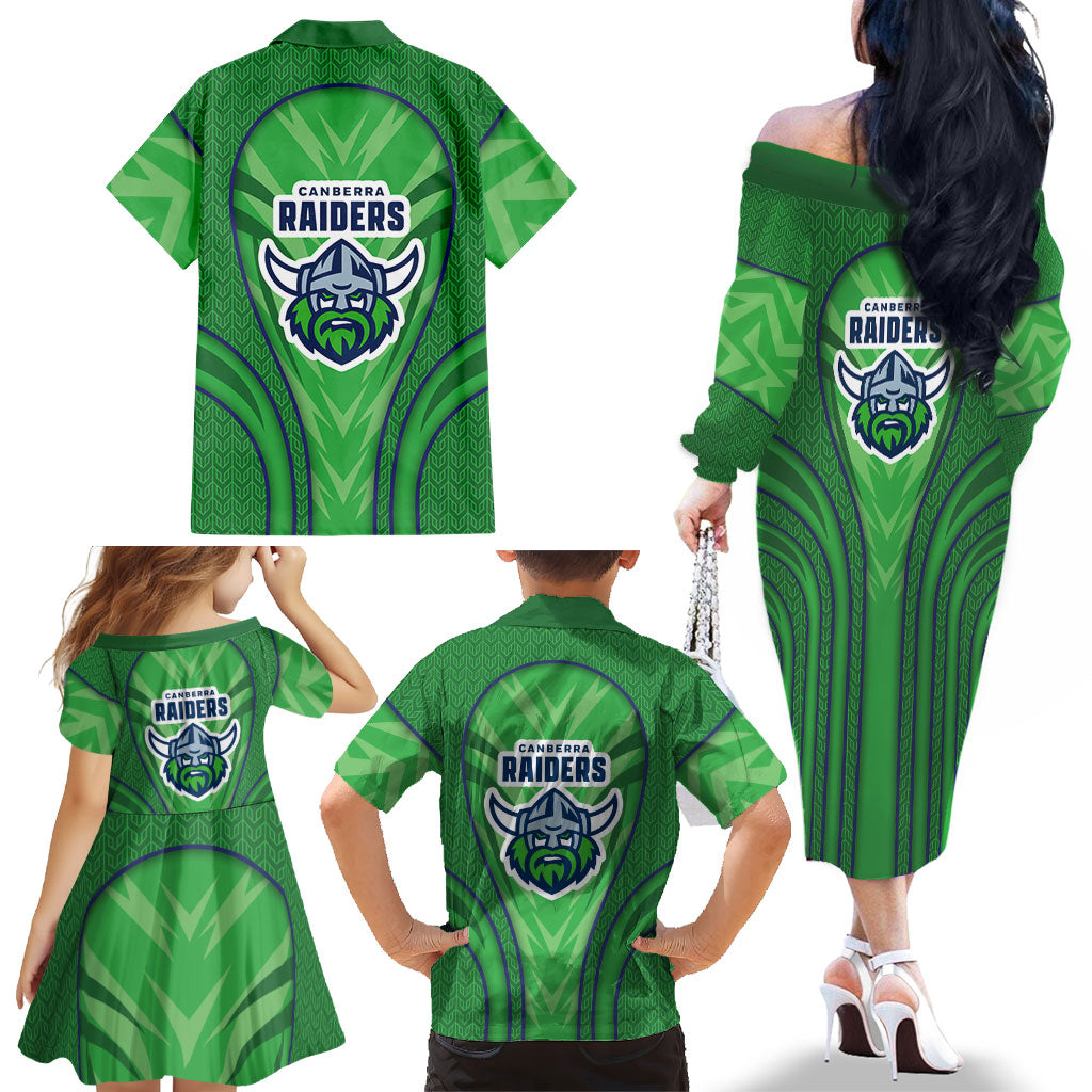 Canberra Raiders Rugby Mascot Family Matching Off The Shoulder Long Sleeve Dress and Hawaiian Shirt Australian Rugby Culture - Tribal Inspired Viking Warrior