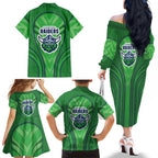 Canberra Raiders Rugby Mascot Family Matching Off The Shoulder Long Sleeve Dress and Hawaiian Shirt Australian Rugby Culture - Tribal Inspired Viking Warrior