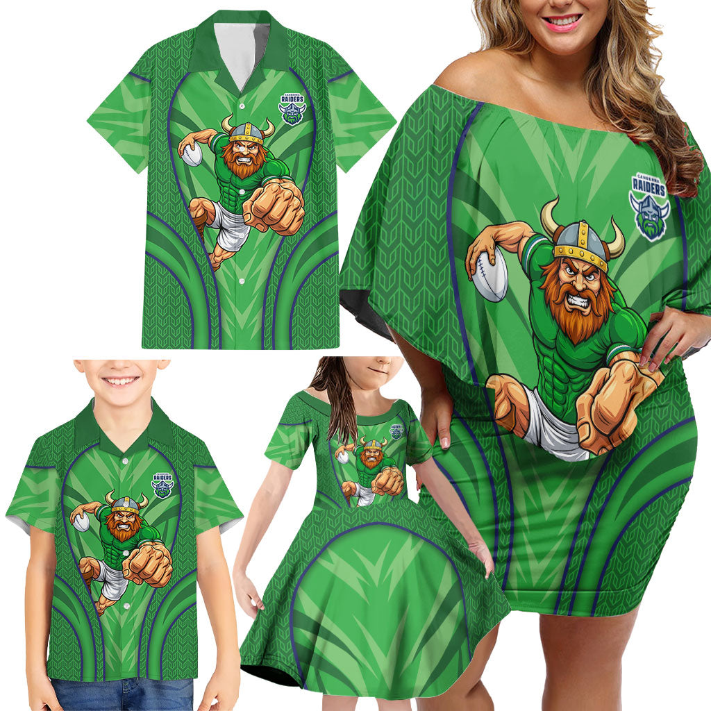 Canberra Raiders Rugby Mascot Family Matching Off Shoulder Short Dress and Hawaiian Shirt Australian Rugby Culture - Tribal Inspired Viking Warrior