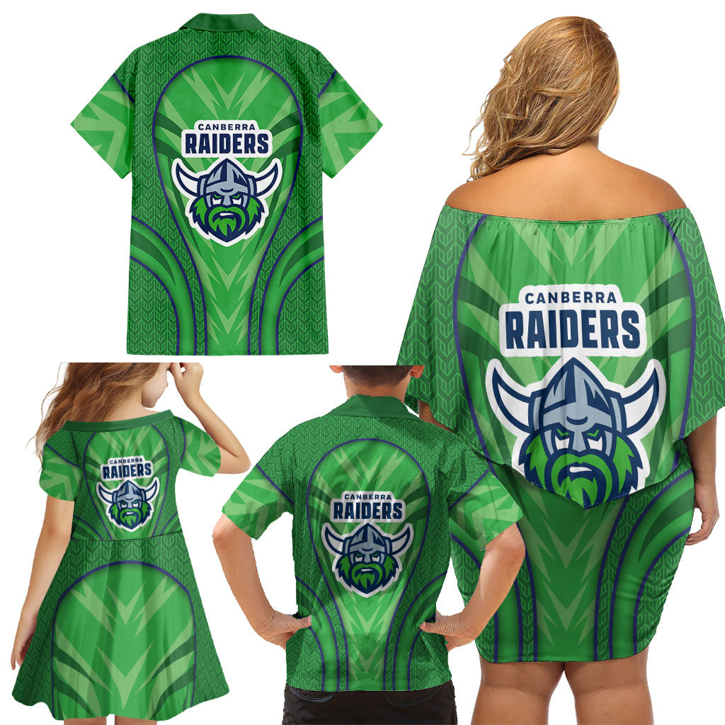 Canberra Raiders Rugby Mascot Family Matching Off Shoulder Short Dress and Hawaiian Shirt Australian Rugby Culture - Tribal Inspired Viking Warrior