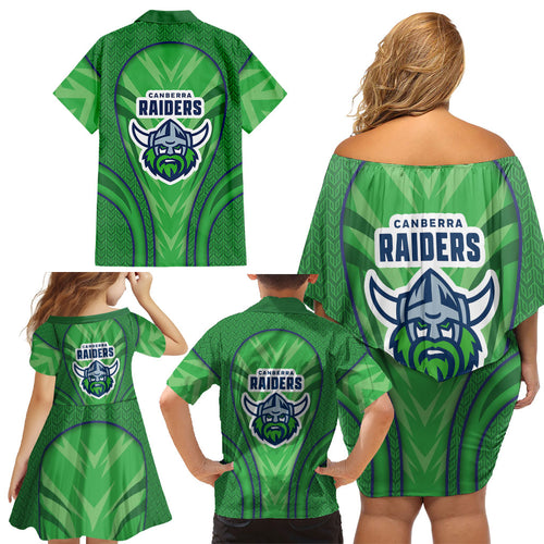 Canberra Raiders Rugby Mascot Family Matching Off Shoulder Short Dress and Hawaiian Shirt Australian Rugby Culture - Tribal Inspired Viking Warrior