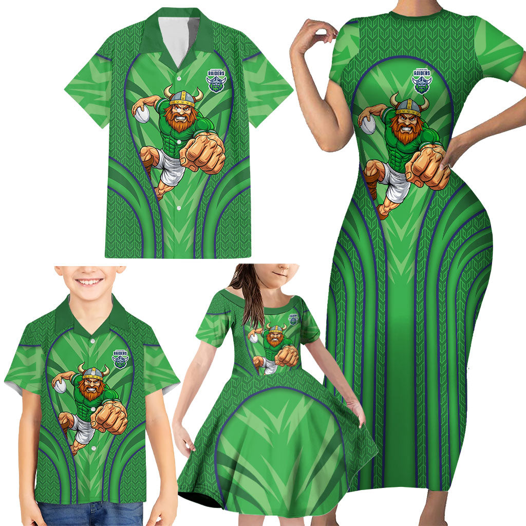 Canberra Raiders Rugby Mascot Family Matching Short Sleeve Bodycon Dress and Hawaiian Shirt Australian Rugby Culture - Tribal Inspired Viking Warrior