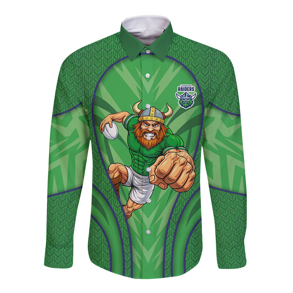 Canberra Raiders Rugby Mascot Long Sleeve Button Shirt Australian Rugby Culture - Tribal Inspired Viking Warrior