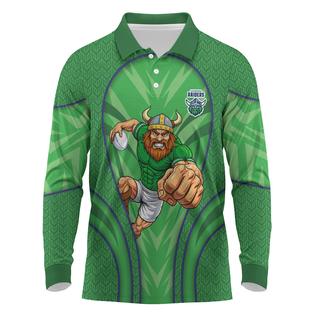Canberra Raiders Rugby Mascot Long Sleeve Polo Shirt Australian Rugby Culture - Tribal Inspired Viking Warrior