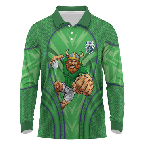 Canberra Raiders Rugby Mascot Long Sleeve Polo Shirt Australian Rugby Culture - Tribal Inspired Viking Warrior