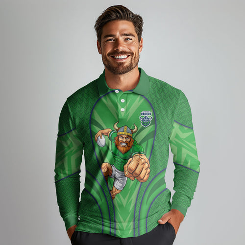 Canberra Raiders Rugby Mascot Long Sleeve Polo Shirt Australian Rugby Culture - Tribal Inspired Viking Warrior