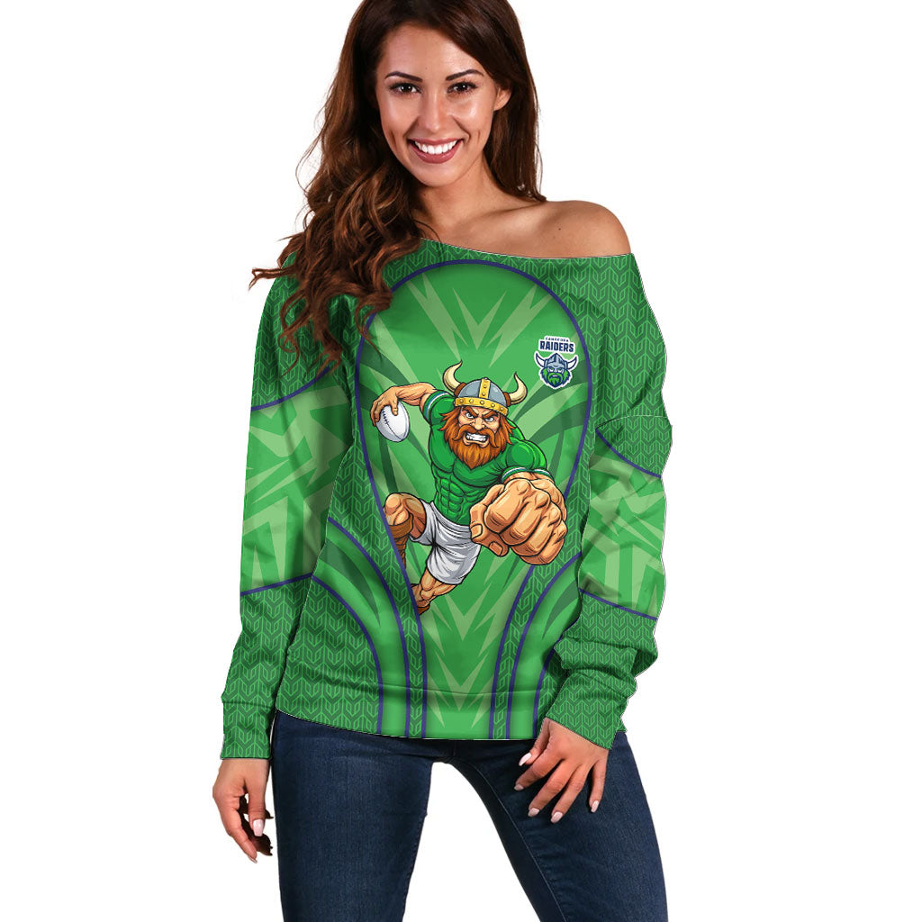 Canberra Raiders Rugby Mascot Off Shoulder Sweater Australian Rugby Culture - Tribal Inspired Viking Warrior