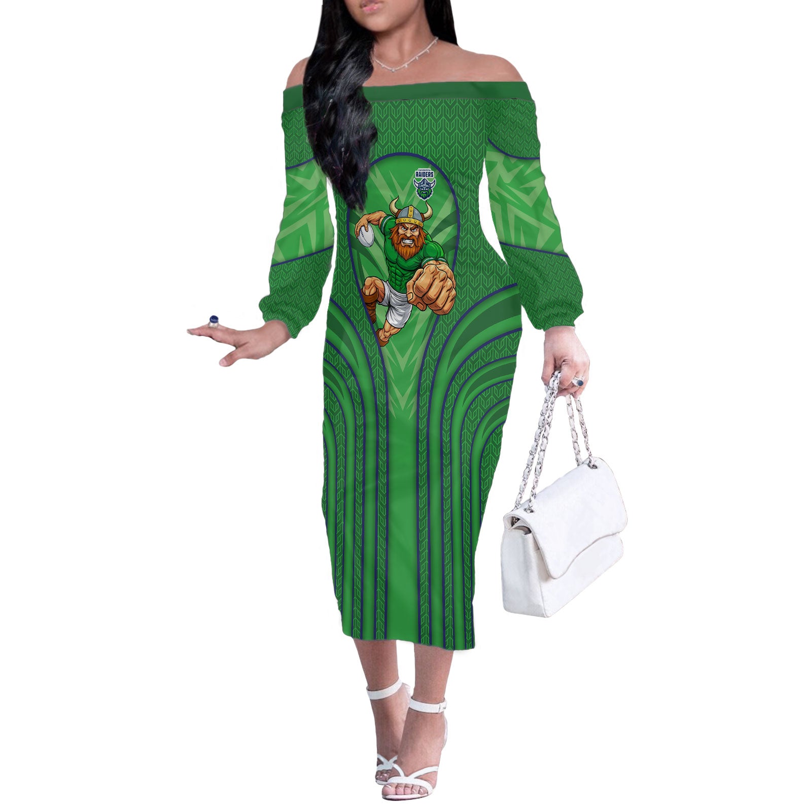 Canberra Raiders Rugby Mascot Off The Shoulder Long Sleeve Dress Australian Rugby Culture - Tribal Inspired Viking Warrior