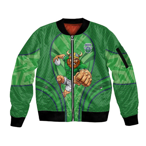 Canberra Raiders Rugby Mascot Sleeve Zip Bomber Jacket Australian Rugby Culture - Tribal Inspired Viking Warrior