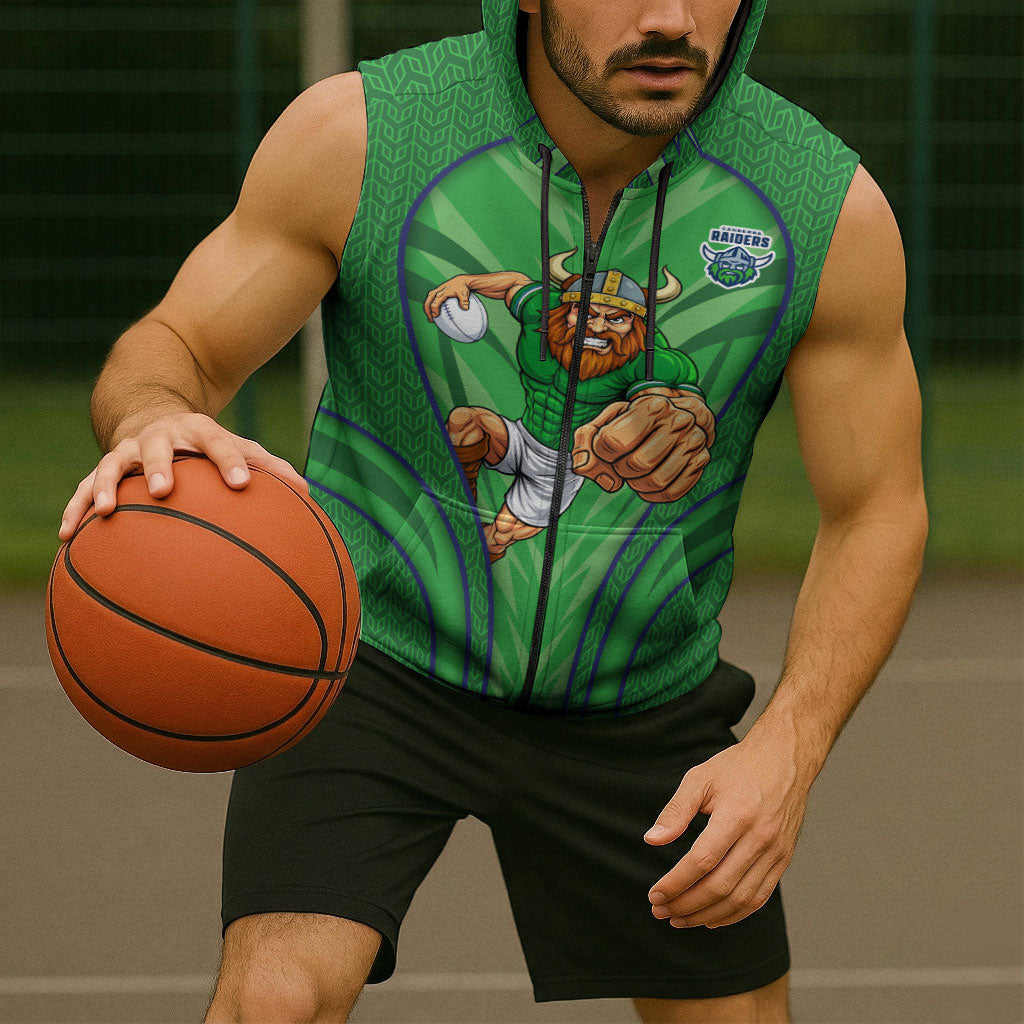 Canberra Raiders Rugby Mascot Sleeveless Zip Hoodie Australian Rugby Culture - Tribal Inspired Viking Warrior