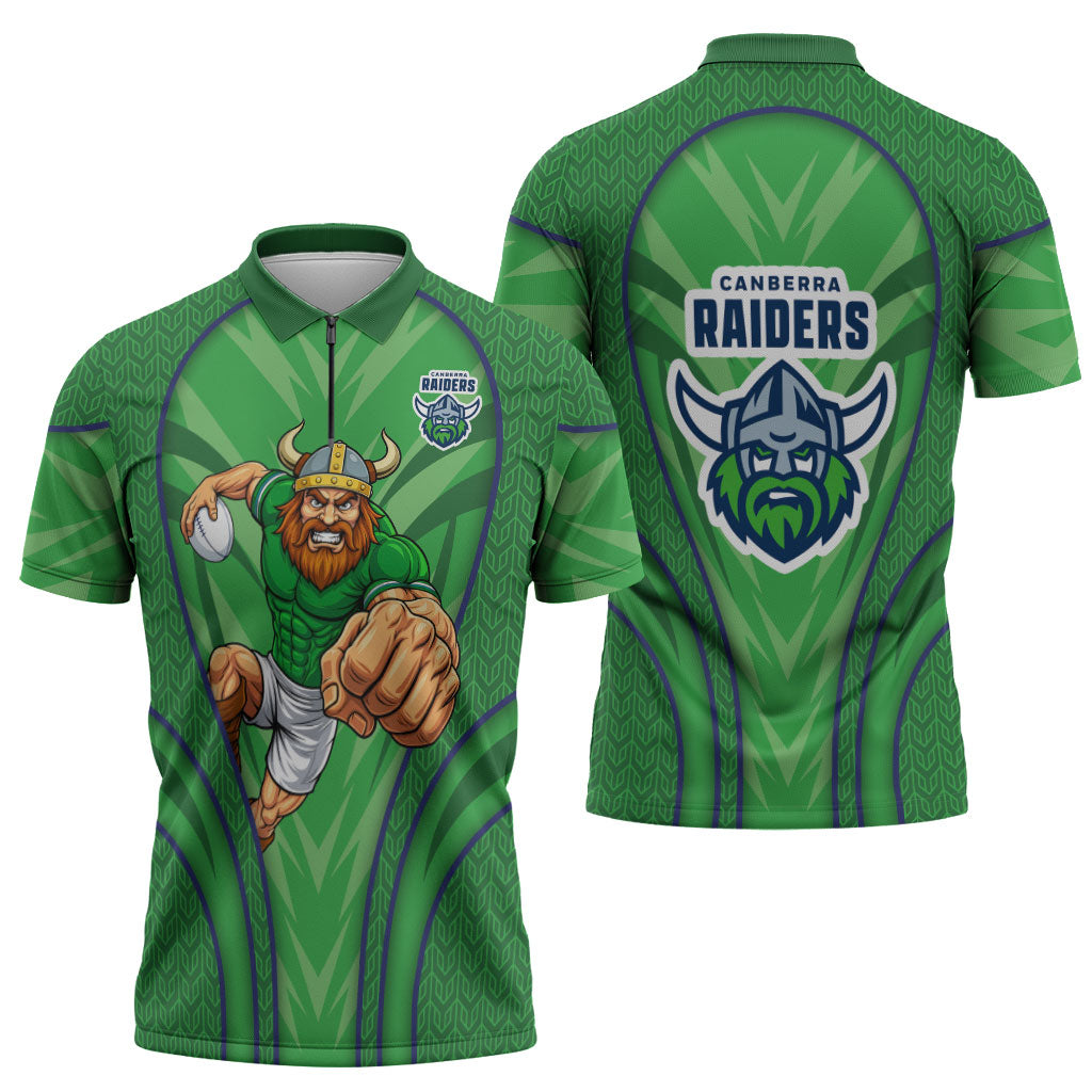 Canberra Raiders Rugby Mascot Zipper Polo Shirt Australian Rugby Culture - Tribal Inspired Viking Warrior