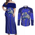 Canterbury Bankstown Bulldogs Rugby Mascot Couples Matching Off Shoulder Maxi Dress and Long Sleeve Button Shirt Australian Rugby Culture - Tribal Inspired Bulldog
